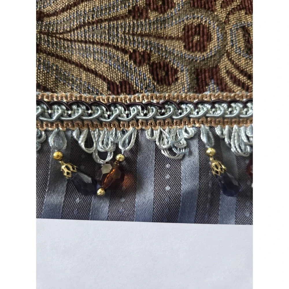 Luxury Beaded Tapestry King Shams Rope Trim Blue And Brown High End Silk Like